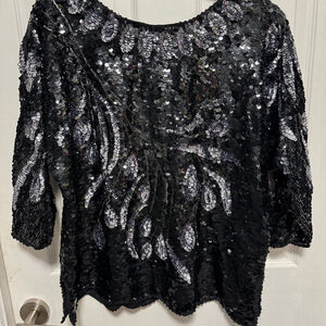 Vintage Black Sequin Top with Silver Leaf Design
